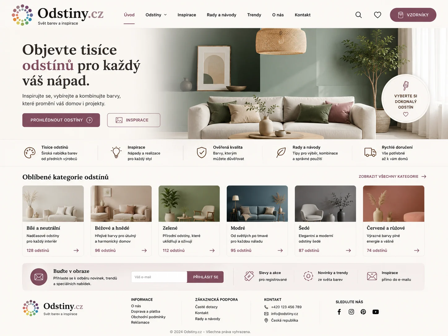 Vizuální návrh možného projektu Odstiny.cz zaměřeného na barvy, materiály a vizuální inspirace